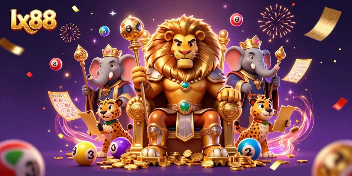 Win big with lx88's thrilling lottery games and colorful casino elements in an engaging digital illustration.
