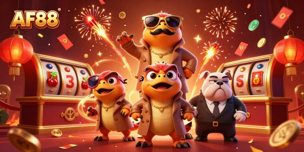 Experience AF88's vibrant casino atmosphere with cartoon raptors attempting stealthy entry into the VIP area.