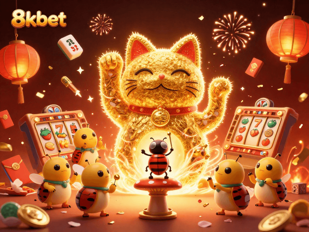 Experience the vibrant world of 8kbet with a lucky cat and casino symbols in dynamic celebration.