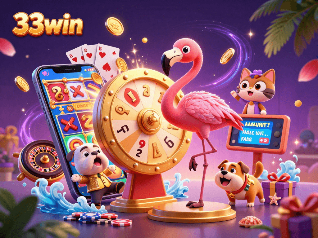 33win brings excitement to players with a game show scene featuring vibrant casino elements and characters.