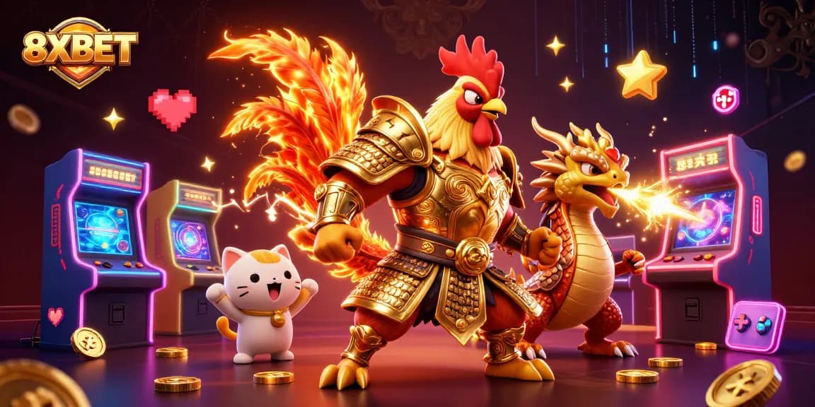 Engage in thrilling 8XBET casino adventures with cartoon heroes and vibrant gaming elements.