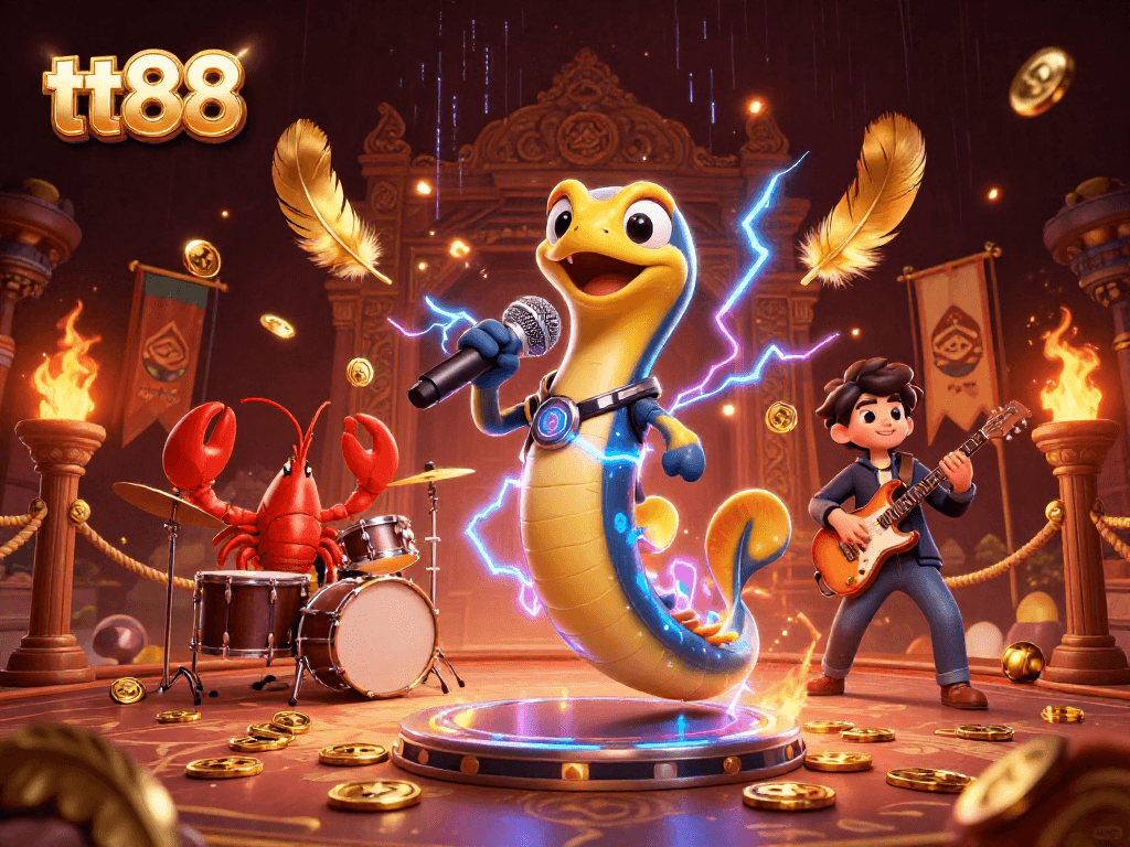 Engaging scene of tt88 with a DJ eel, lobster drummer, and seahorse guitarist performing in an electrifying underwater casino.