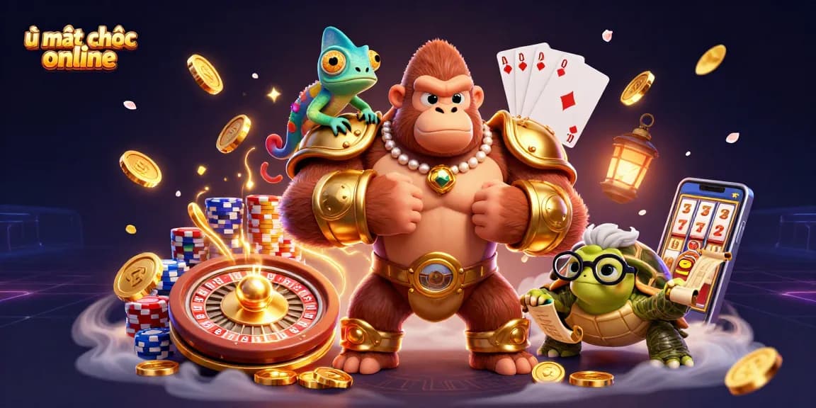Engage in exciting action with the powerful gorilla king showcasing ù mạt chược online while colorful gambling elements surround him.