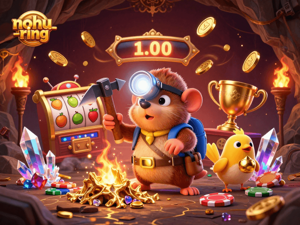 Join the excitement of nohu-ring with treasure hunter mole collecting jackpots and flying coins.