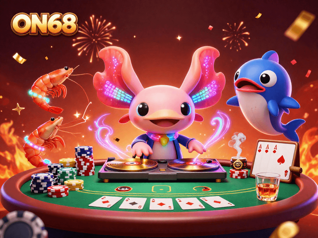 Engage in thrilling gaming action at ON68 with a vibrant axolotl DJ and colorful poker elements.