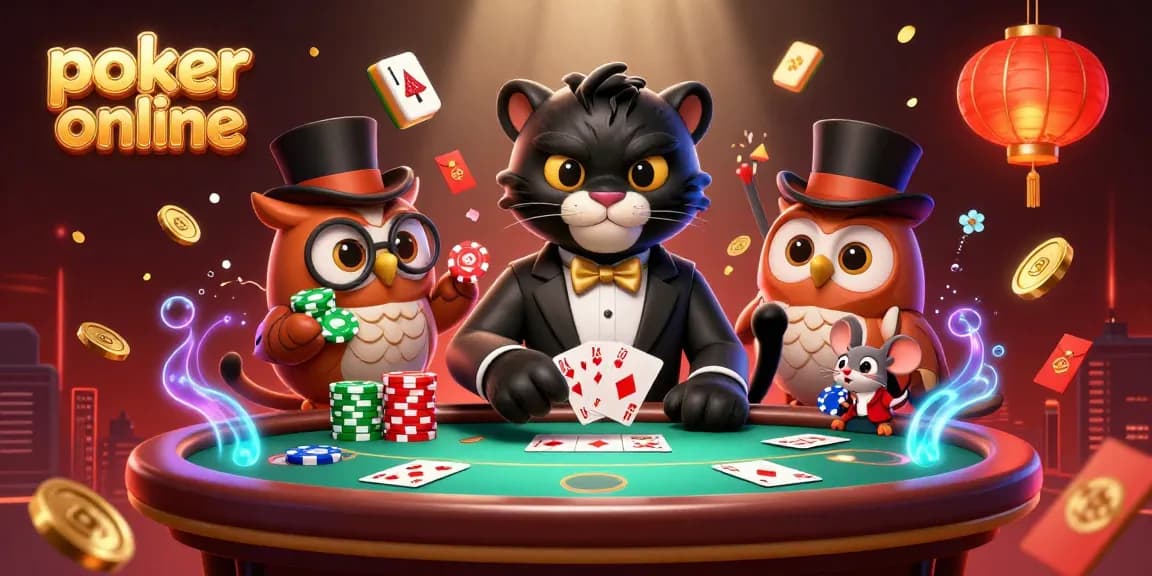 Engaging poker online scene featuring a stylish panther dealer, owl with chips, and lucky mouse, immersive gaming atmosphere.