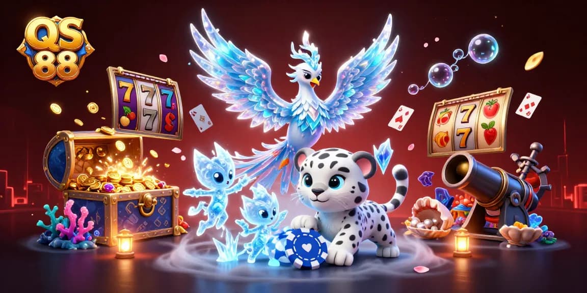 Engage with QS 88 through vibrant 3D illustration, showcasing captivating slots and fun gaming elements.