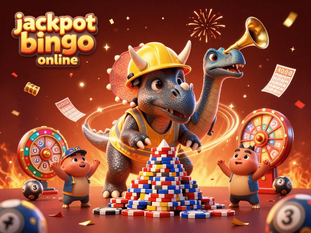 Engage with jackpot bingo online in a vibrant, celebratory 3D scene featuring bingo elements and dynamic characters.
