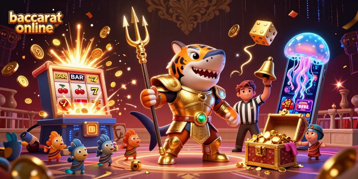Baccarat online adventure with a fierce shark in gladiator armor, decorated with casino elements