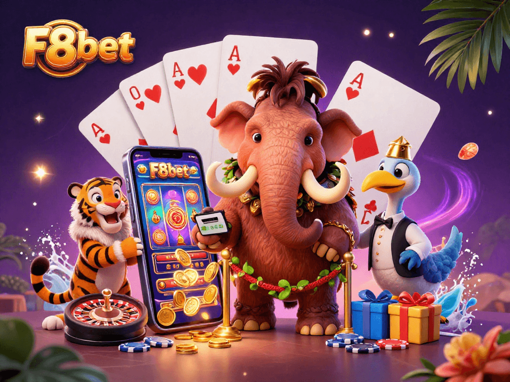 Experience the excitement at F8bet with an exclusive casino scene featuring vibrant characters and games.