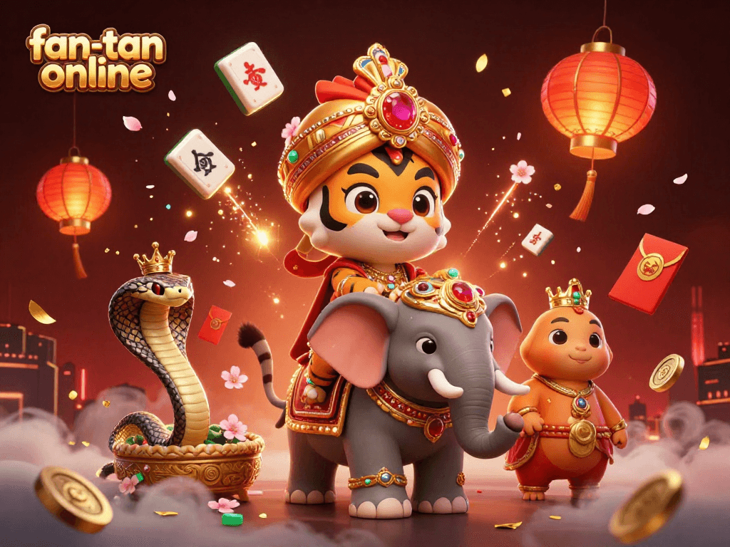 Experience fan-tan online with an enchanting scene of a maharaja, his elephant, and a cobra amidst festive decorations.