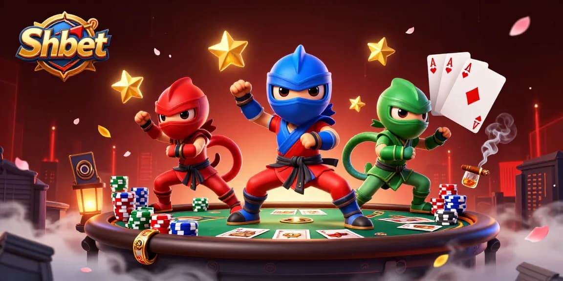 Shbet's ninja chameleon team showcases poker skills in a vibrant 3D illustration.