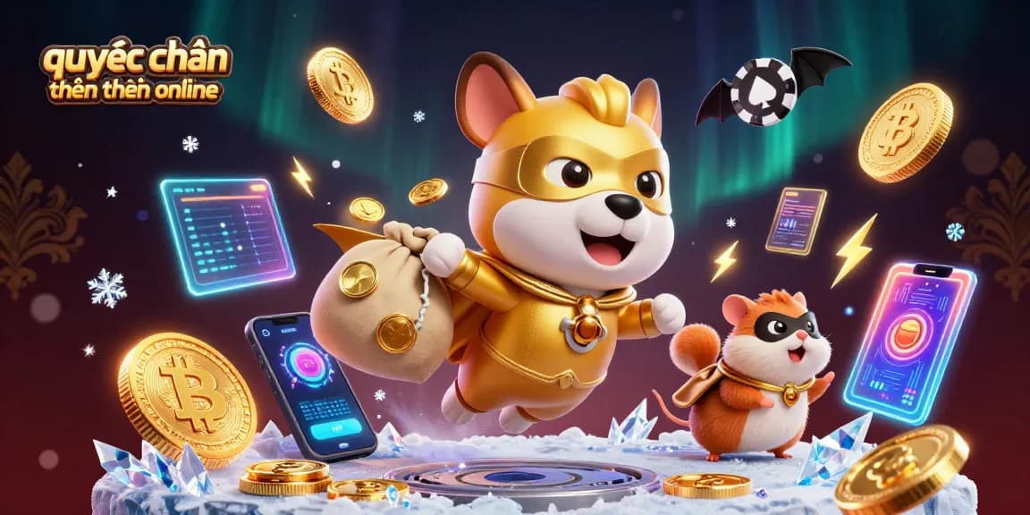 Experience excitement in quyết chiến tiền thưởng online with a heroic dog and hamster amidst vivid casino elements.
