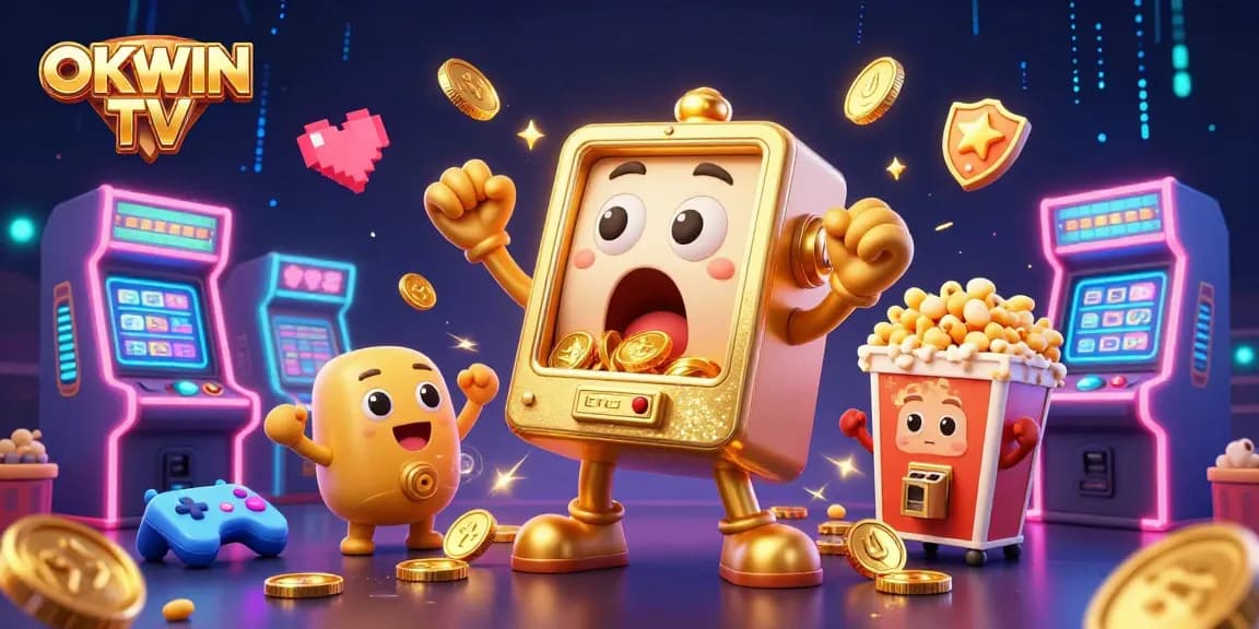 Engage with OKWIN TV's exciting scene featuring a golden slot machine enjoying a jackpot while other slot machines cheer.