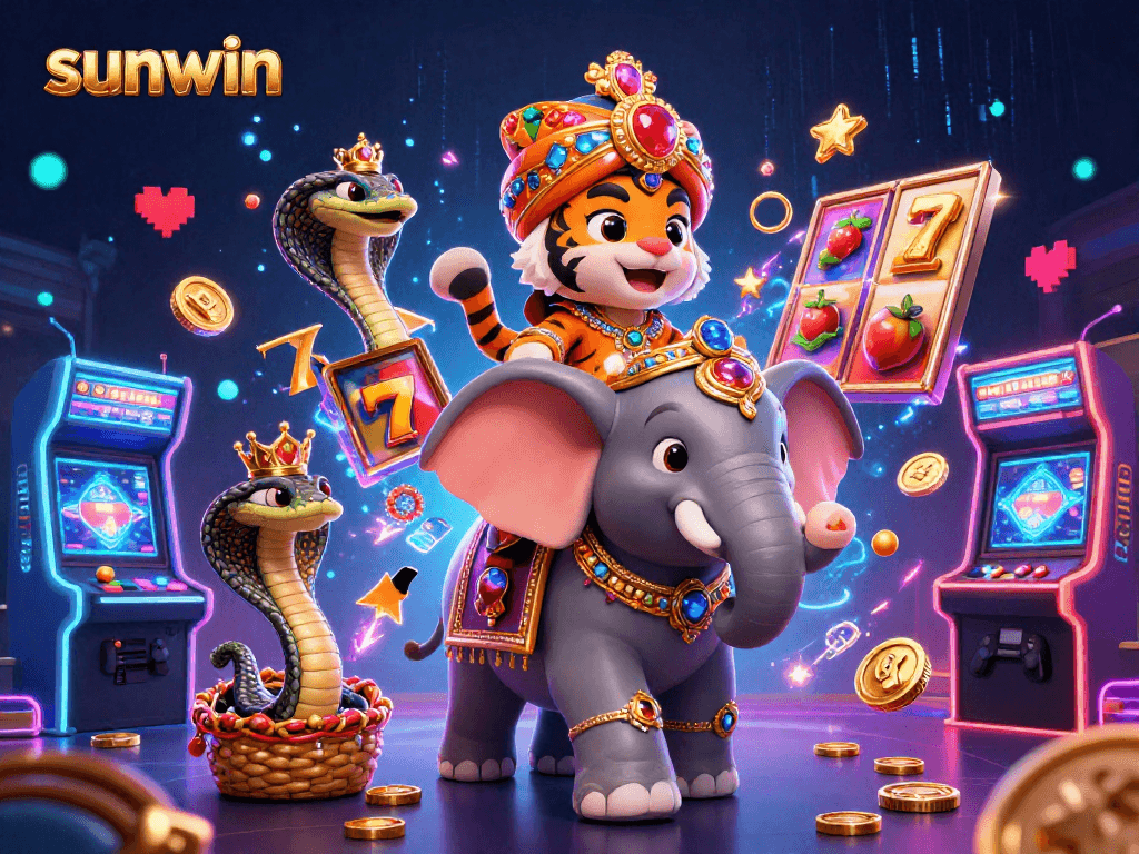 Experience the excitement of sunwin with vibrant slot machines and 3D characters in a magical casino setting.