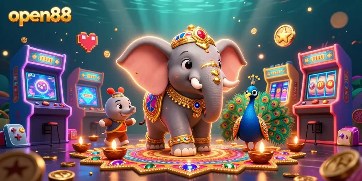 Experience the vibrant excitement at open88 with a lively casino scene featuring colorful 3D characters and gaming elements.