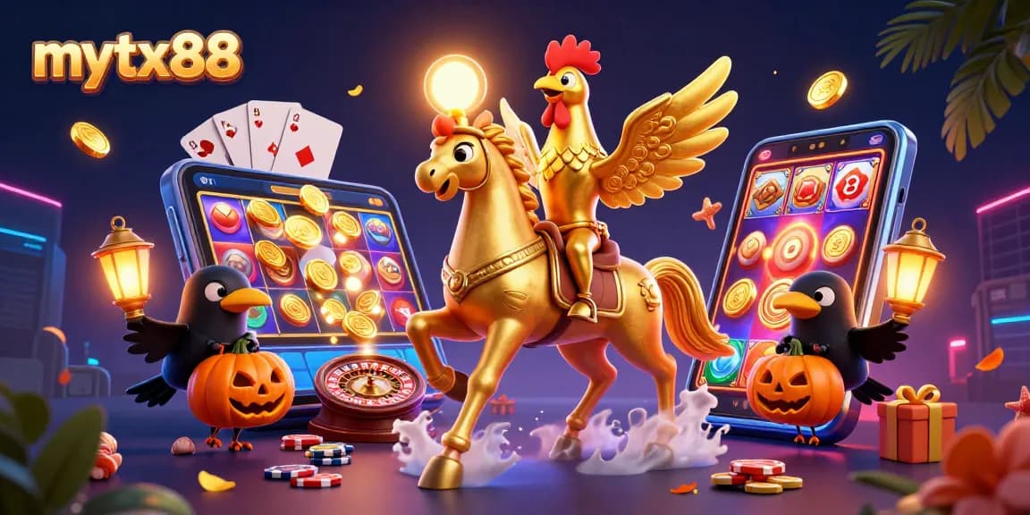 Join the fun at mytx88 with the golden rooster mascot and friends in a vibrant casino atmosphere.