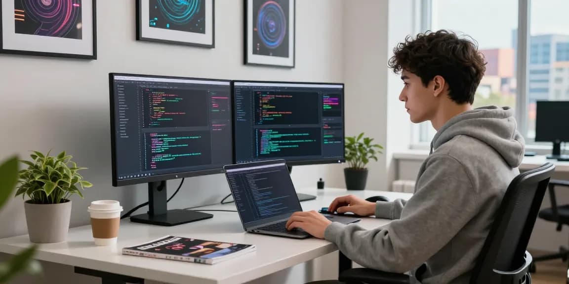 Dynamic coder debugging hot AI software in a vibrant workspace.