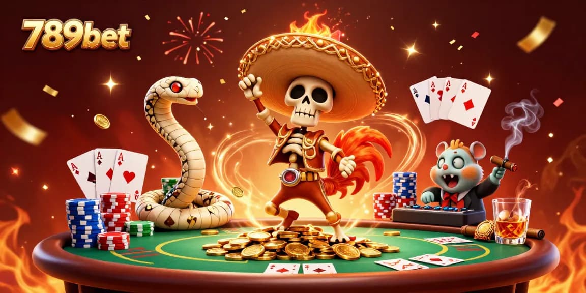Experience the vibrant world of 789bet with exciting characters celebrating on a poker table.
