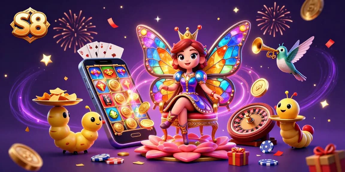 S8 online casino scene featuring magical elements with the butterfly queen and vibrant gambling activity.