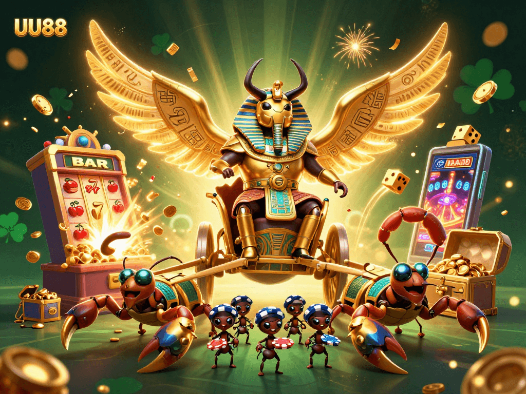 Experience excitement at UU88 with a colossal golden scarab and dynamic casino elements.