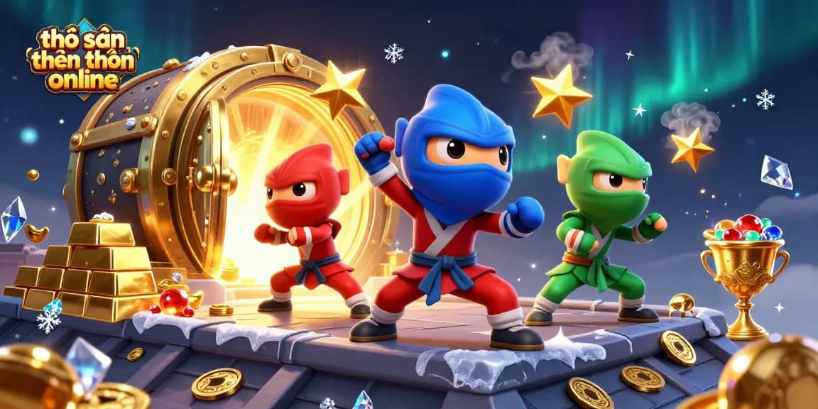 Engage in thợ săn tiền thưởng online with a dynamic scene of ninja chameleons and treasure.