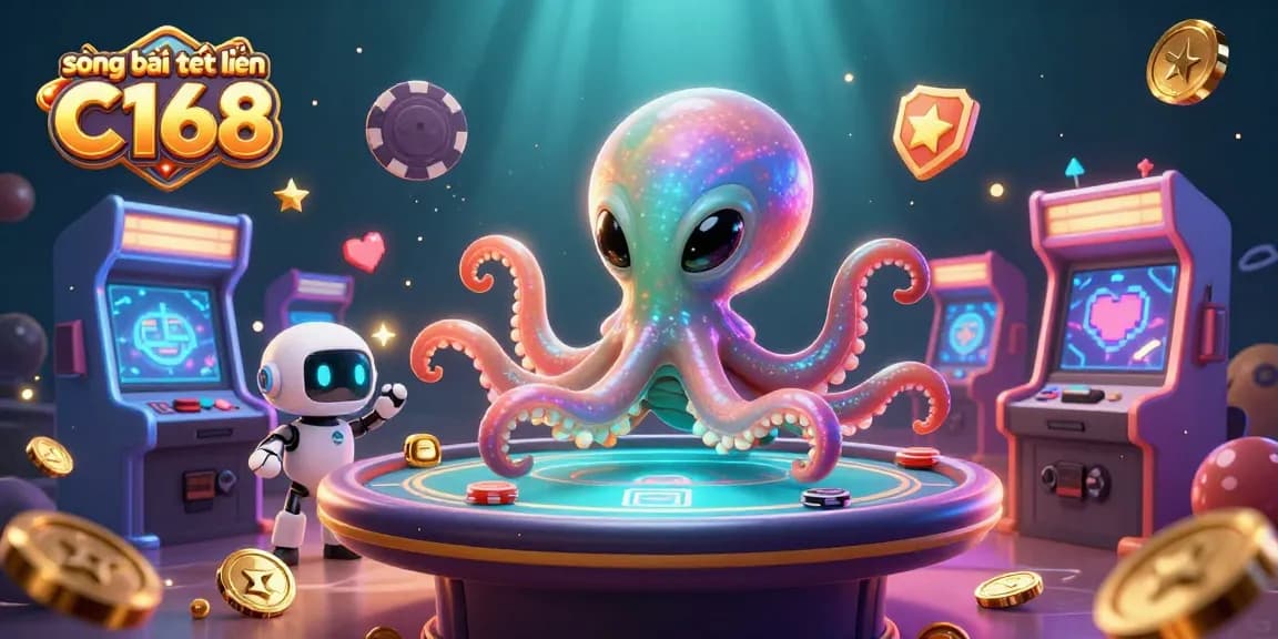 Experience thrilling gaming at sòng bài trực tuyến C168 with an alien octopus dealer at a 3D poker table.