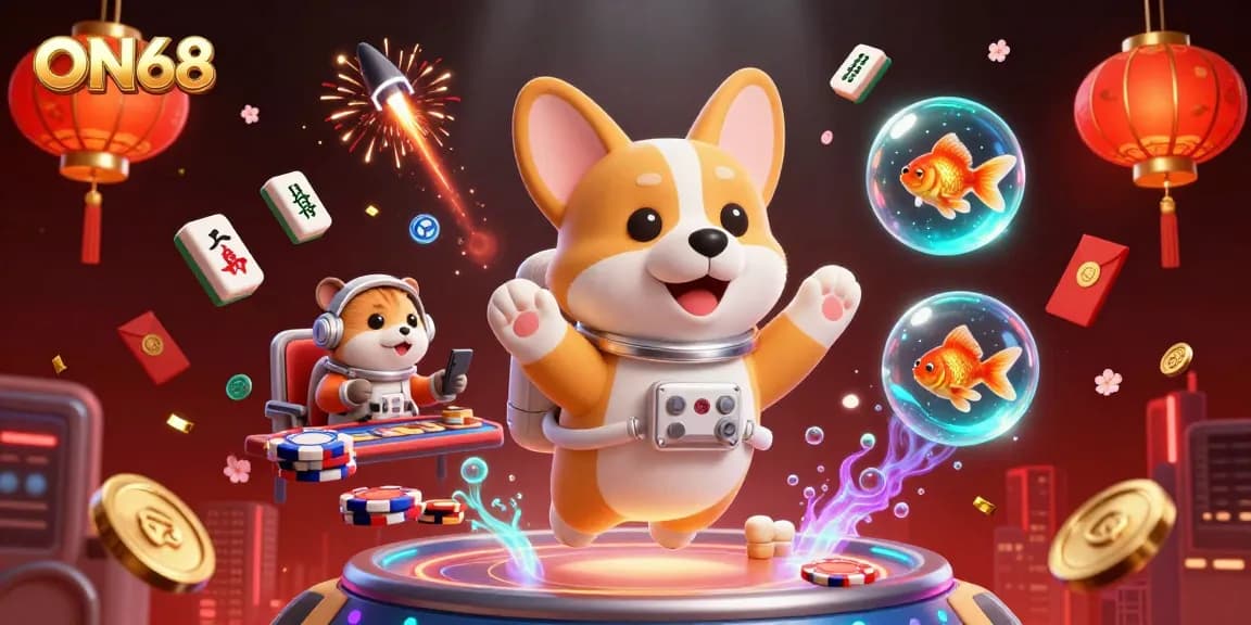 Experience thrilling gaming at ON68 with a vibrant scene featuring dynamic casino elements and characters.