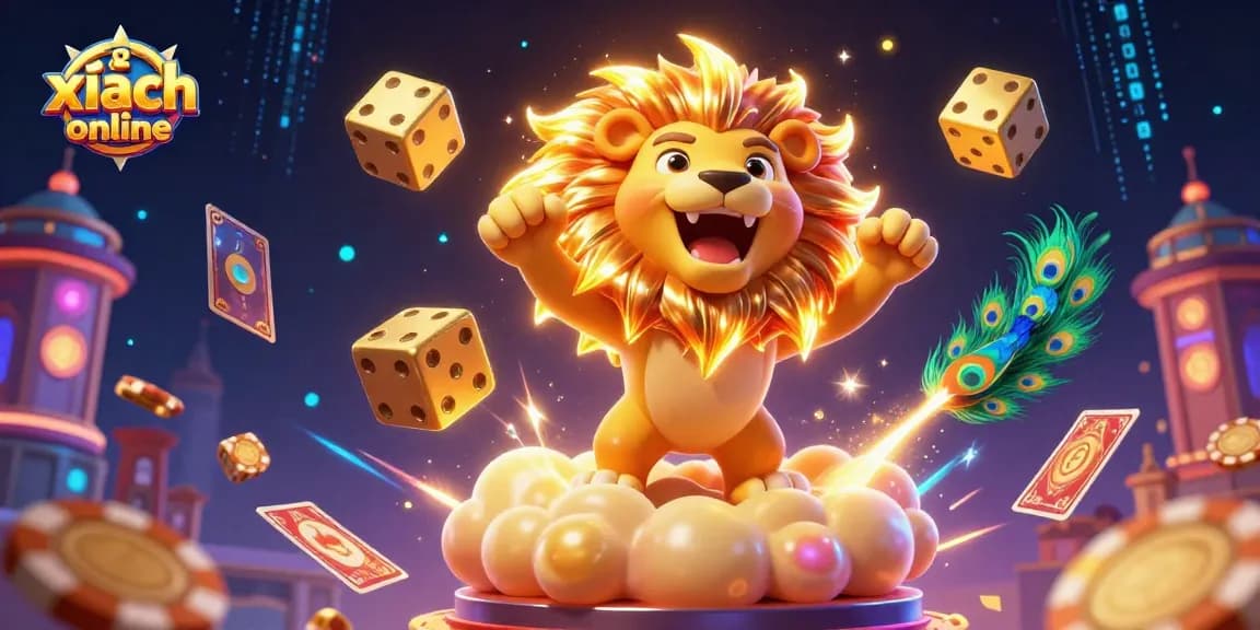 Experience thrilling xì dách online with a triumphant sun lion, golden dice, and dynamic casino action