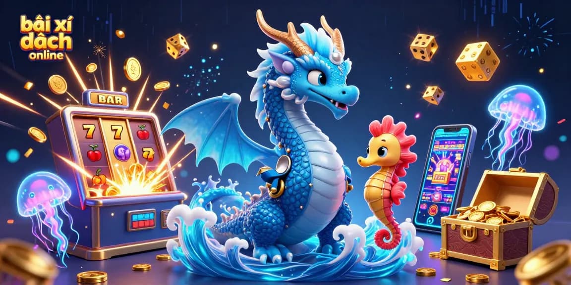 Engage in bài xì dách online with glowing characters and slot machines in a vibrant undersea world.