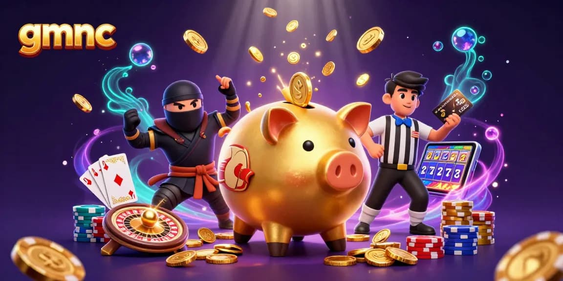 Play thrilling games with gmnc featuring cartoon sumo bank, ninja, and referee in dynamic casino action.