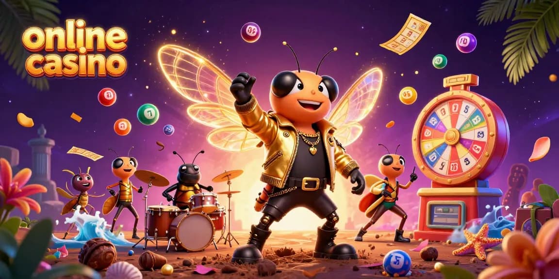 Engaging scene of an online casino with a cicada rock star, vibrant game elements, and colorful effects.
