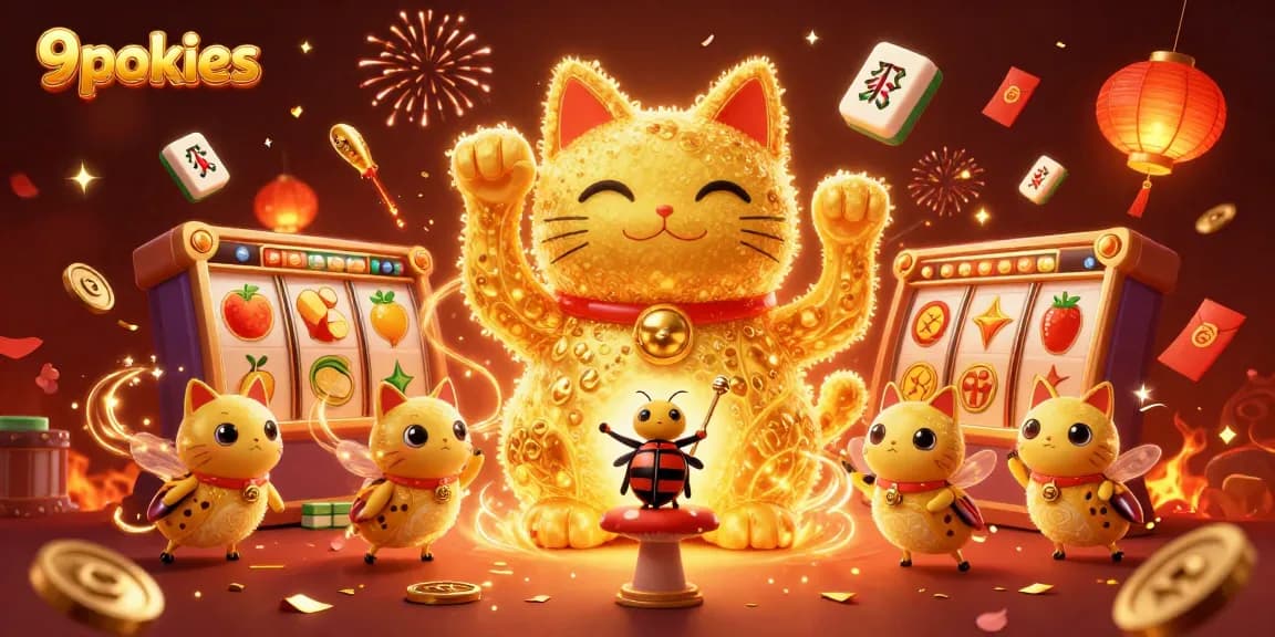 Engage with 9pokies as golden fireflies create a lucky cat amidst vibrant casino symbols.