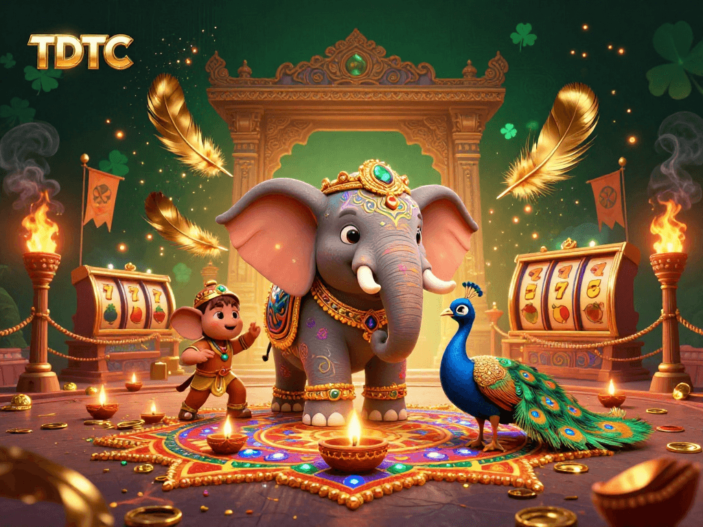 Engage in the vibrant TDTC casino scene featuring colorful characters, festive decorations, and dynamic game elements.