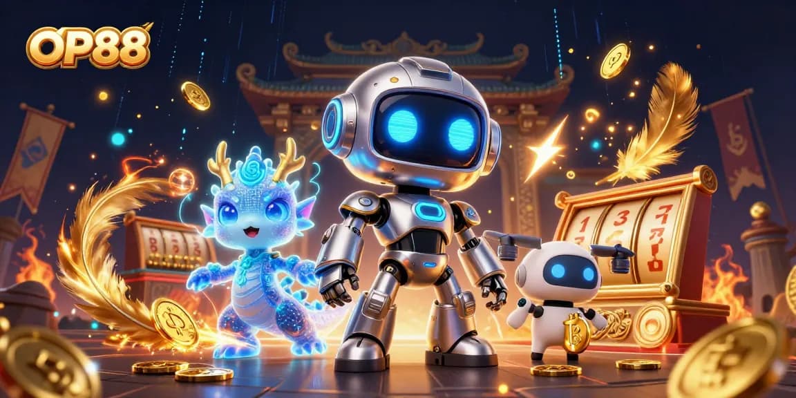 Experience the thrilling world of OP88 with a vibrant scene featuring a cyberpunk robot, AI dragon, and bitcoin drone amidst dynamic slot game elements.