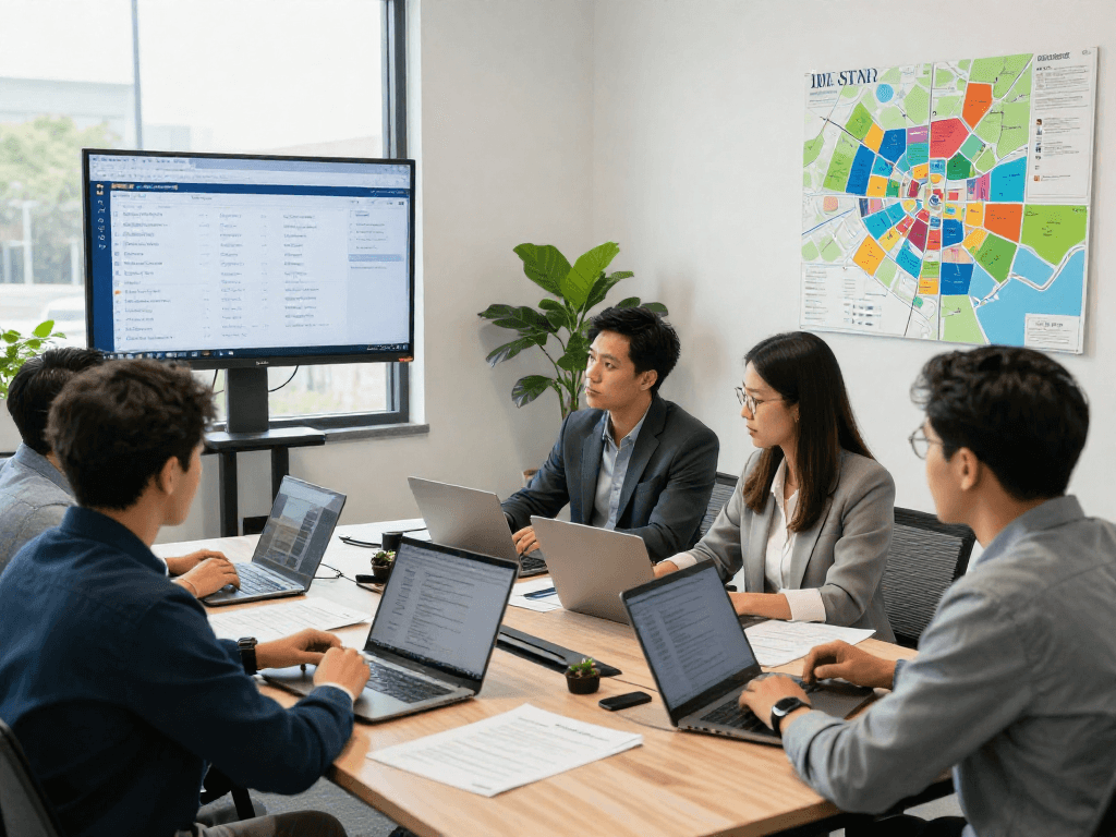 Real estate agents discussing strategies with IDXSTAR software on display in a collaborative office setting.