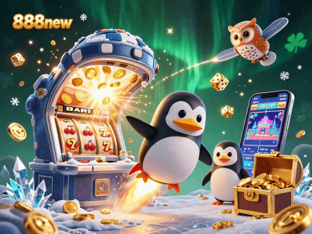 Engage with 888new's exciting 3D illustration showcasing a casino-themed adventure with vibrant characters and casino games.