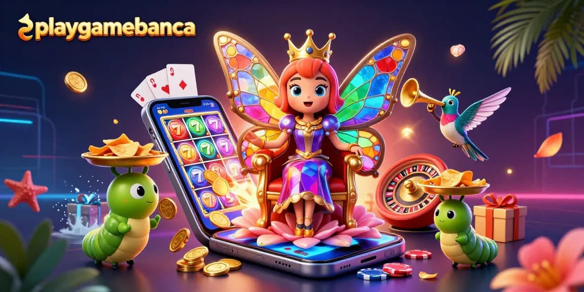 Experience playgamebanca's vibrant slot gaming with butterfly queen and colorful casino elements.