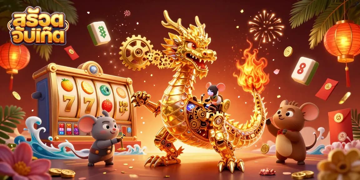 Engage in intense gaming action with สล็อตอัพเดท featuring a biomechanical golden dragon and dynamic slot elements.