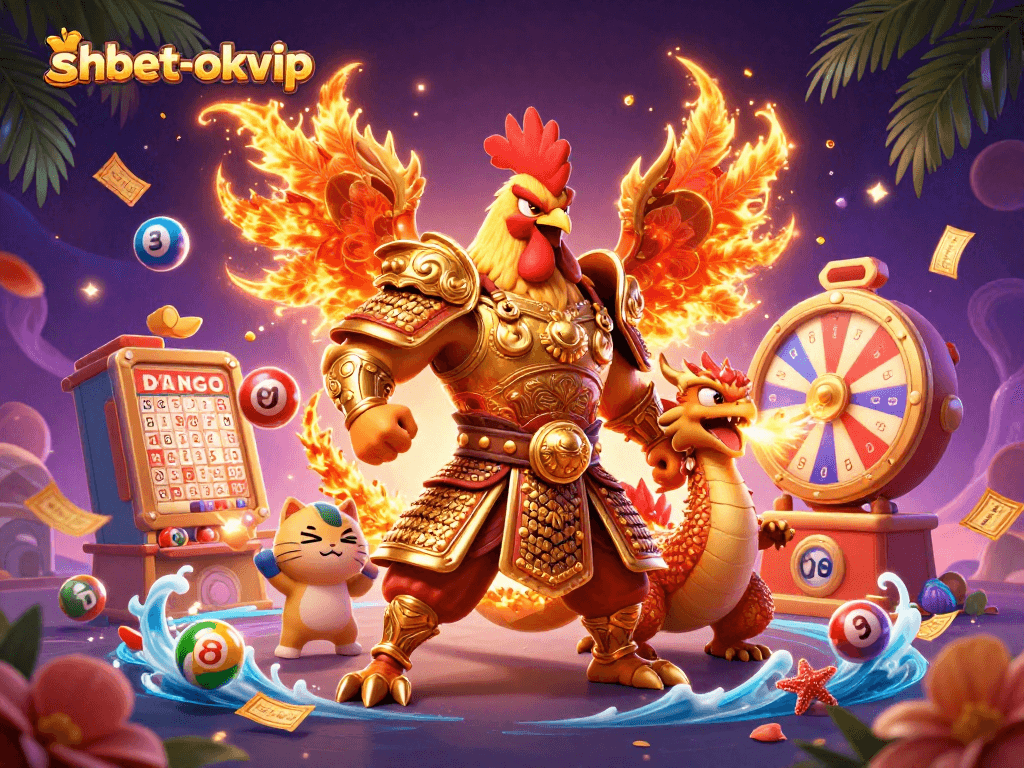Experience excitement with shbet-okvip's cartoon characters amidst vibrant casino elements