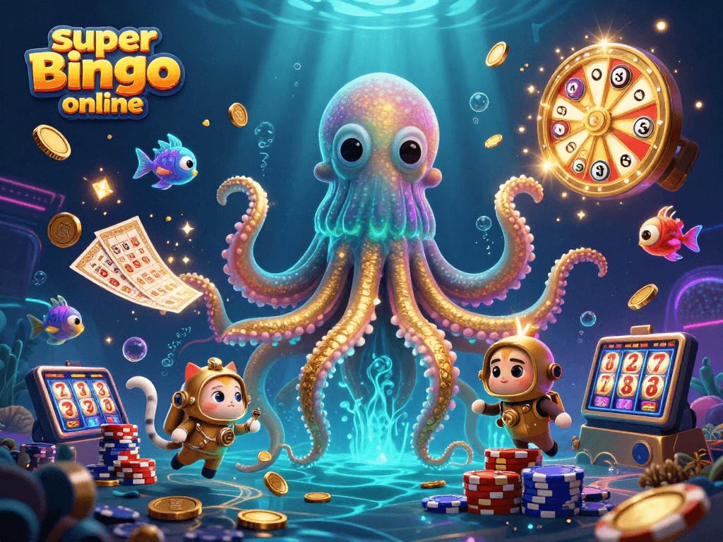 Explore super bingo online with an energetic scene featuring a kraken, diving cat, and vibrant gambling elements.
