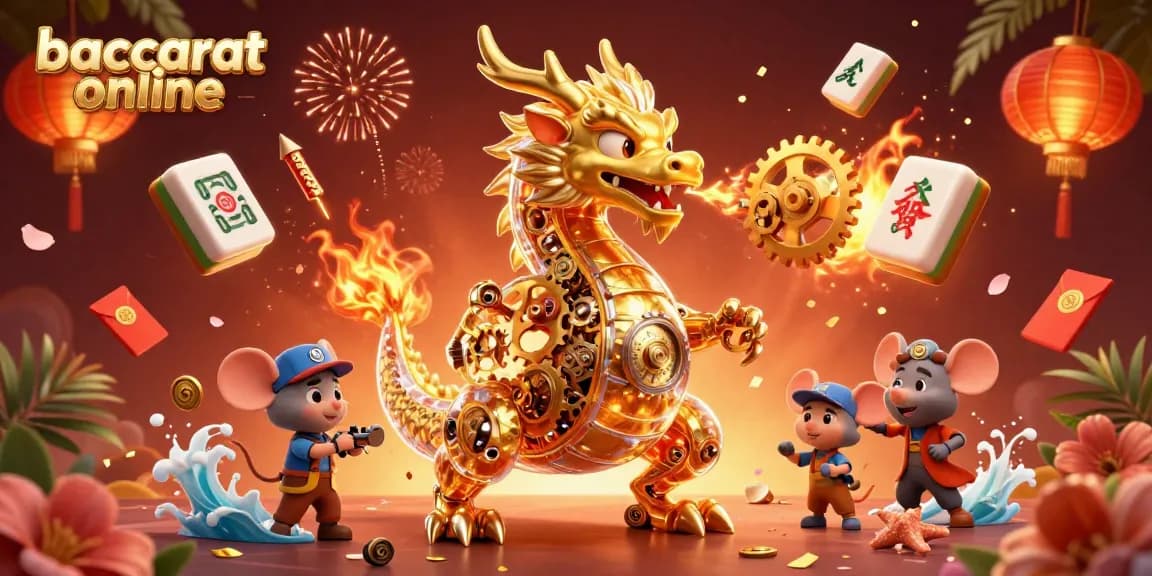 Experience baccarat online with a golden dragon and vibrant casino elements in this captivating illustration.