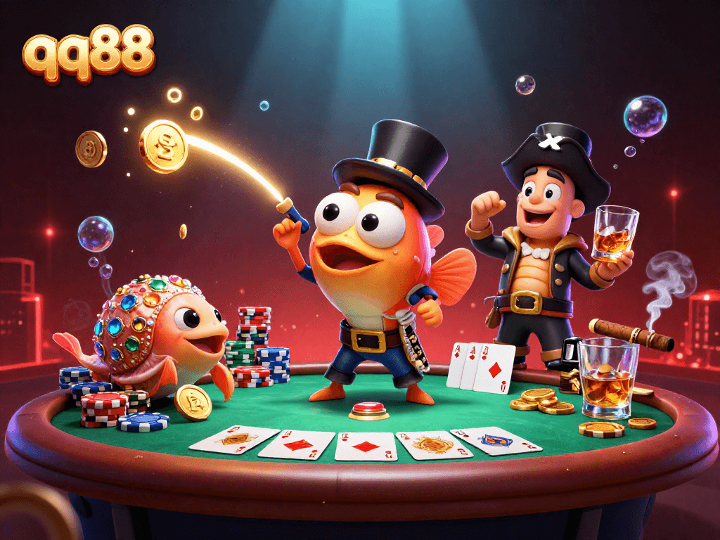 Experience thrilling gameplay at qq88 with cartoon characters amid a vibrant casino scene packed with action.