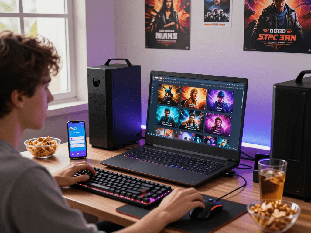 Engaged player exploring vibrant porn games on a laptop in a cozy gaming room