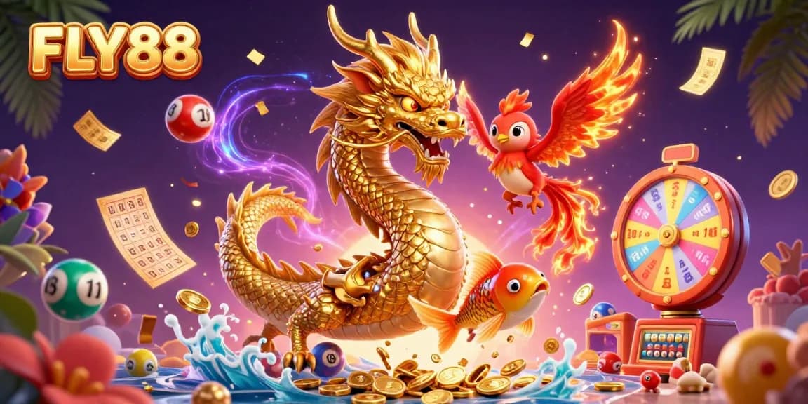 Engage with the exciting casino adventure at FLY88 through a vibrant illustration featuring dynamic characters and elements.