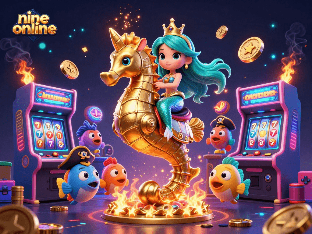 Engage in nine online gaming with an exciting scene featuring colorful characters and vibrant casino elements.