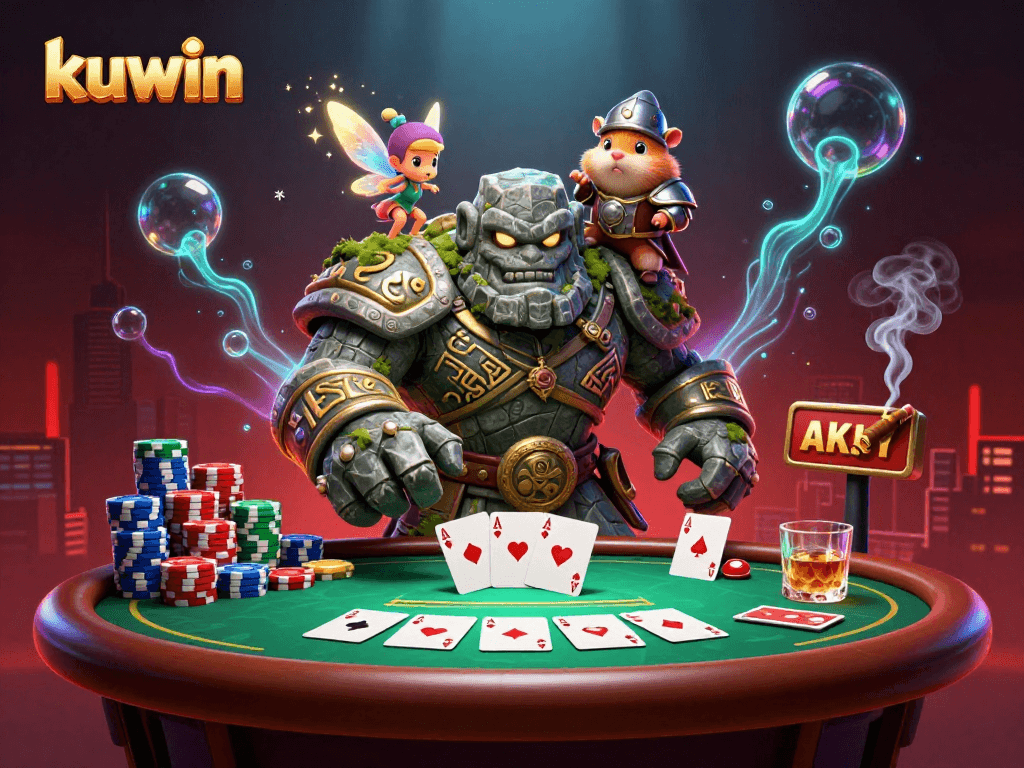 Kuwin's magical casino scene with a golem, fairy, and hamster knight materializing on a poker table, winning big!
