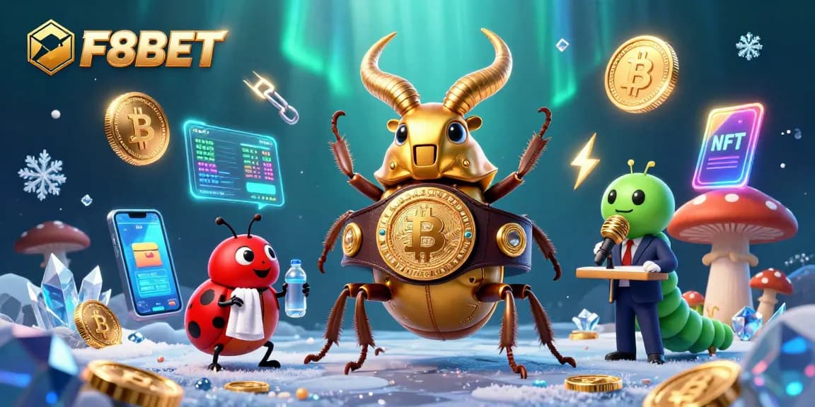 Experience F8BET's exciting casino action with a vibrant 3D illustration of a beetle champion surrounded by crypto elements.