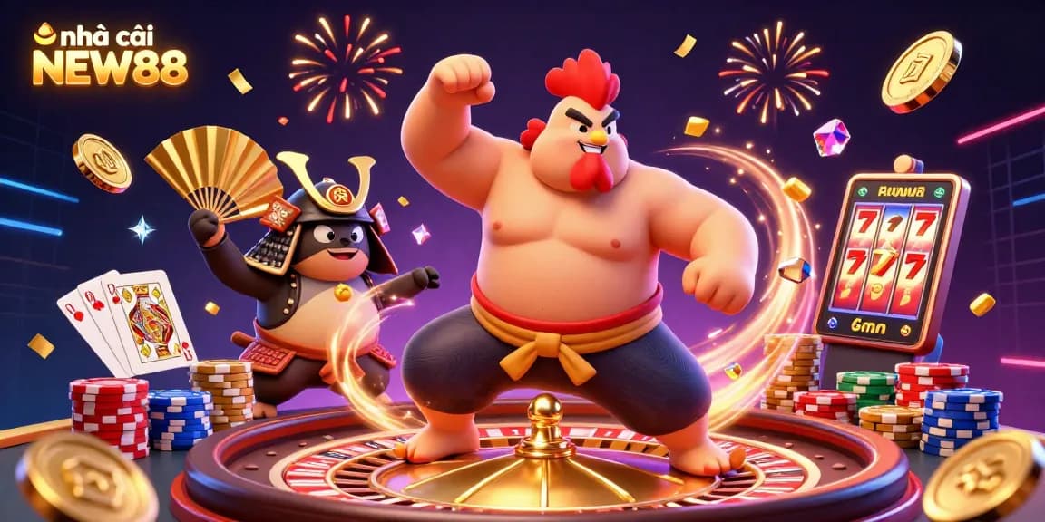 Engaging 3D illustration showcasing nhà cái NEW88 characters in a vibrant casino setting with dynamic action and festive elements.