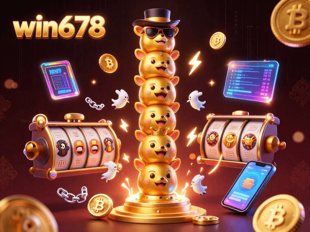 Experience win678 with vibrant slot reels and glowing cryptocurrency elements in a dynamic casino scene.